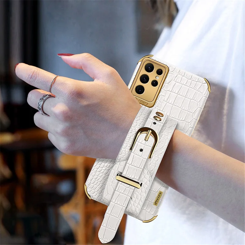 Para Samsung Galaxy S23 Ultra PU Leather Coated TPU Case Crocodile Texture Hand Strap Kickstand Electroplated Cover - Branco