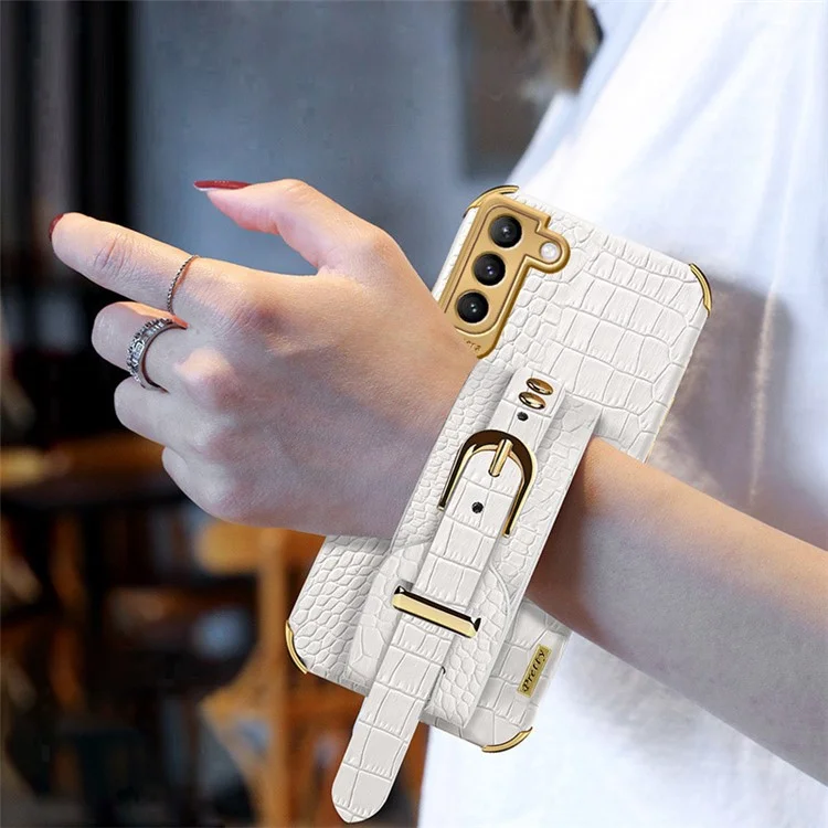 For Samsung Galaxy S23 Crocodile Texture Leather Coated TPU Phone Cover Strap Kickstand Electroplating Back Case - White
