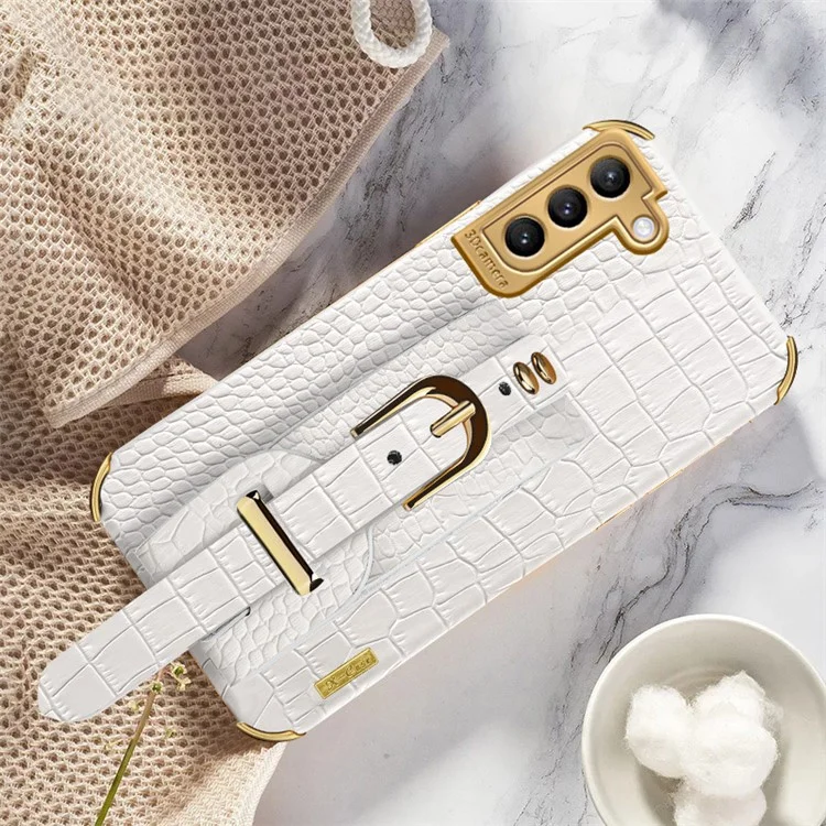 For Samsung Galaxy S23 Crocodile Texture Leather Coated TPU Phone Cover Strap Kickstand Electroplating Back Case - White