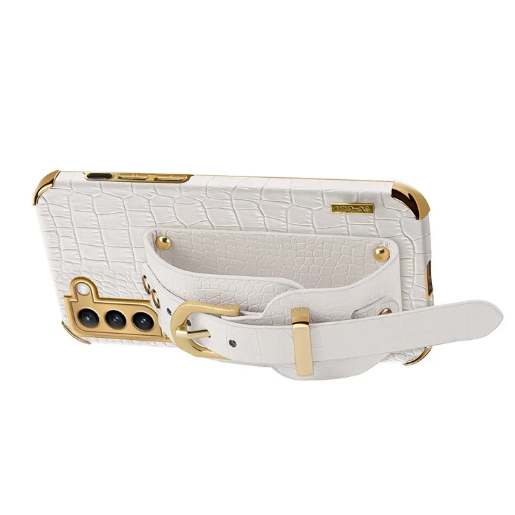 For Samsung Galaxy S23 Crocodile Texture Leather Coated TPU Phone Cover Strap Kickstand Electroplating Back Case - White