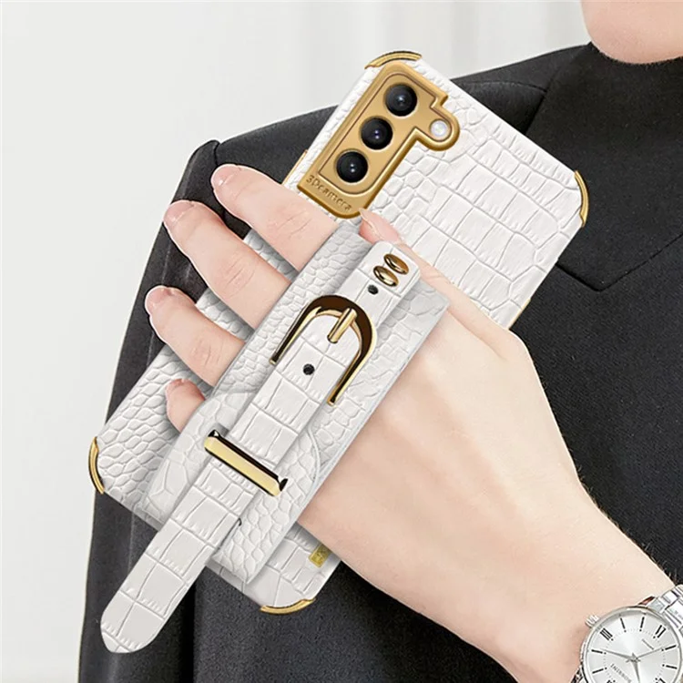 For Samsung Galaxy S23 Crocodile Texture Leather Coated TPU Phone Cover Strap Kickstand Electroplating Back Case - White