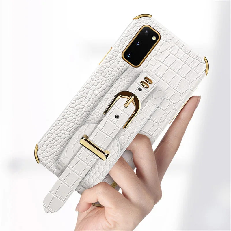 For Samsung Galaxy S20 5G / 4G Crocodile Texture Phone Cover Electroplated Leather Coated TPU Case with Strap Kickstand - White