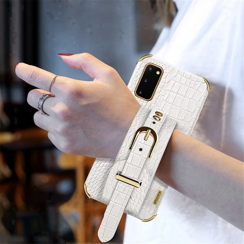 For Samsung Galaxy S20 5G / 4G Crocodile Texture Phone Cover Electroplated Leather Coated TPU Case with Strap Kickstand - White