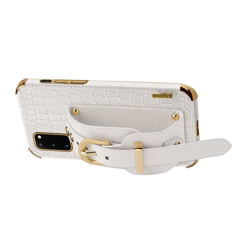 For Samsung Galaxy S20 5G / 4G Crocodile Texture Phone Cover Electroplated Leather Coated TPU Case with Strap Kickstand - White