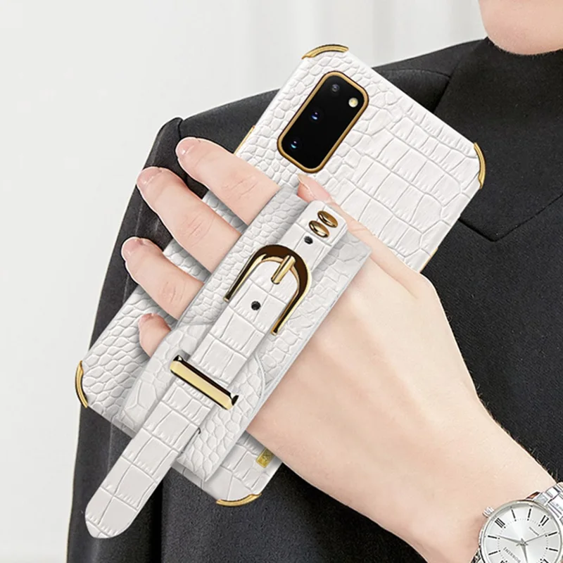 For Samsung Galaxy S20 5G / 4G Crocodile Texture Phone Cover Electroplated Leather Coated TPU Case with Strap Kickstand - White