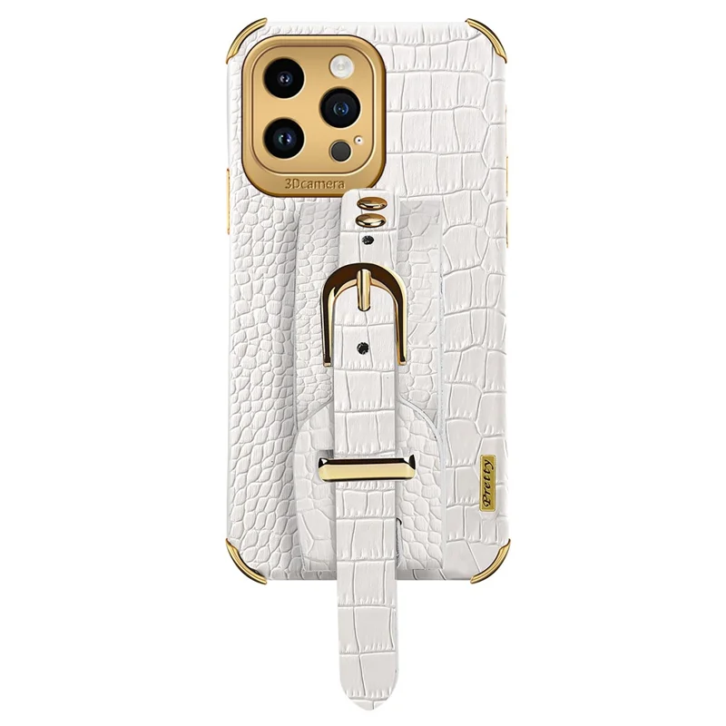For iPhone 13 Pro 6.1 inch Crocodile Texture Strap Kickstand Phone Case Electroplating Leather Coated TPU Cover - White