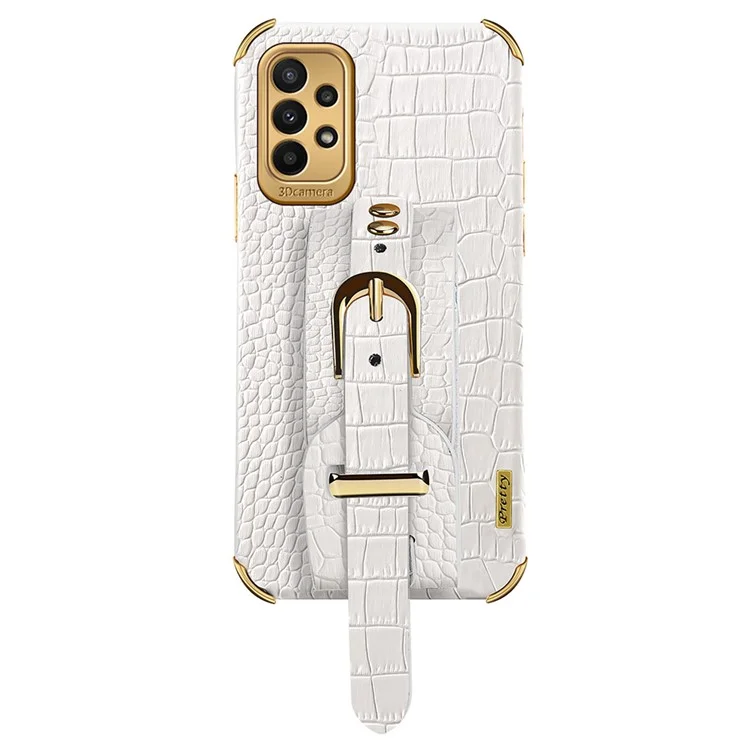 For Samsung Galaxy A23 5G (Global Version) / A23 4G Leather Coated TPU Mobile Cover Crocodile Texture Electroplated Case with Wristband - White