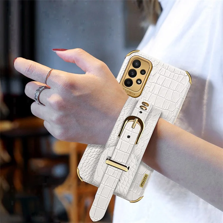 For Samsung Galaxy A23 5G (Global Version) / A23 4G Leather Coated TPU Mobile Cover Crocodile Texture Electroplated Case with Wristband - White