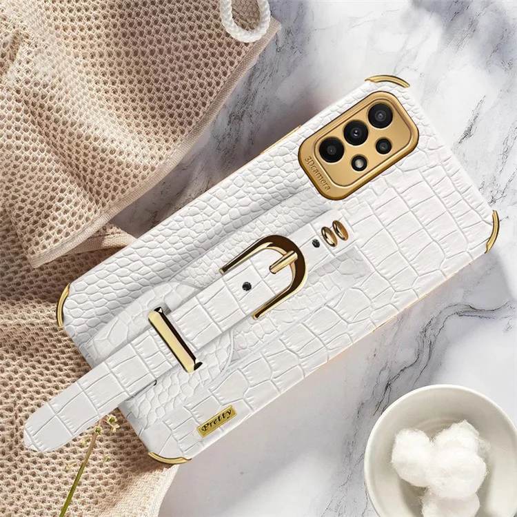 For Samsung Galaxy A23 5G (Global Version) / A23 4G Leather Coated TPU Mobile Cover Crocodile Texture Electroplated Case with Wristband - White