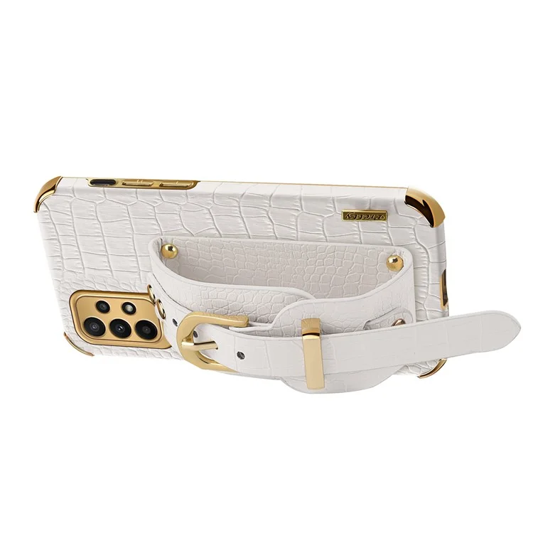 For Samsung Galaxy A23 5G (Global Version) / A23 4G Leather Coated TPU Mobile Cover Crocodile Texture Electroplated Case with Wristband - White
