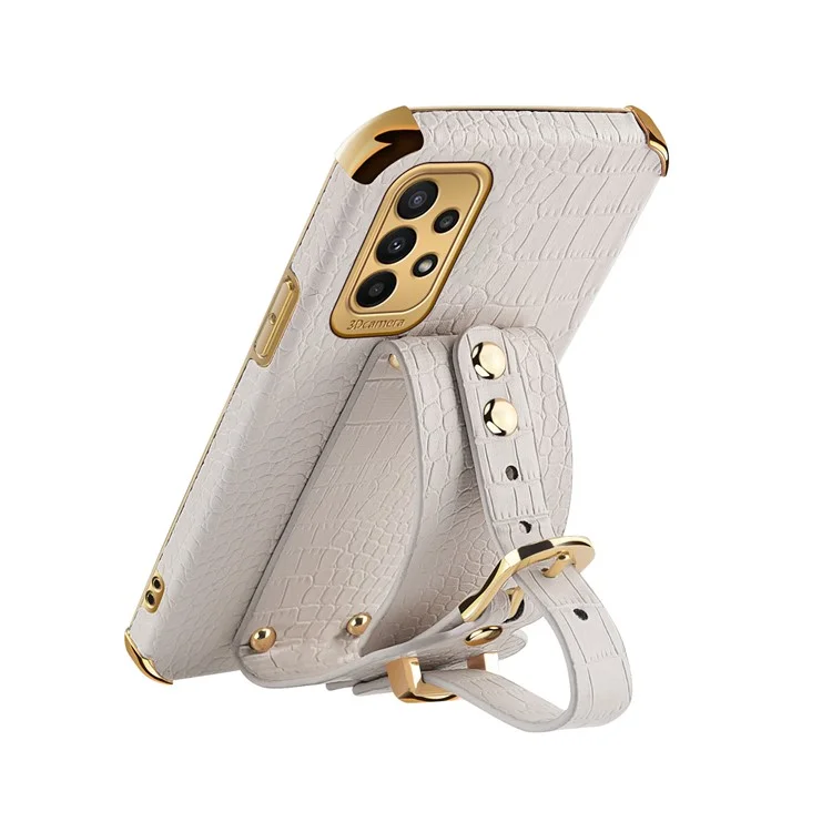 For Samsung Galaxy A23 5G (Global Version) / A23 4G Leather Coated TPU Mobile Cover Crocodile Texture Electroplated Case with Wristband - White