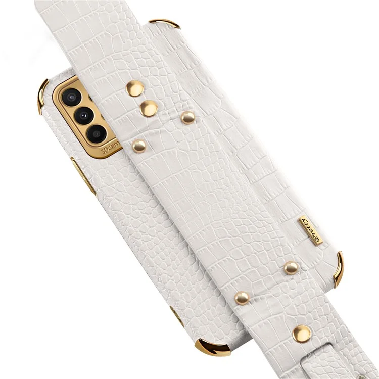For Samsung Galaxy A23 5G (Global Version) / A23 4G Leather Coated TPU Mobile Cover Crocodile Texture Electroplated Case with Wristband - White