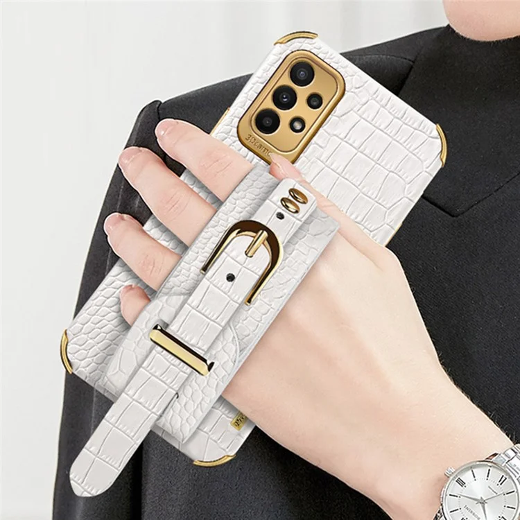For Samsung Galaxy A23 5G (Global Version) / A23 4G Leather Coated TPU Mobile Cover Crocodile Texture Electroplated Case with Wristband - White