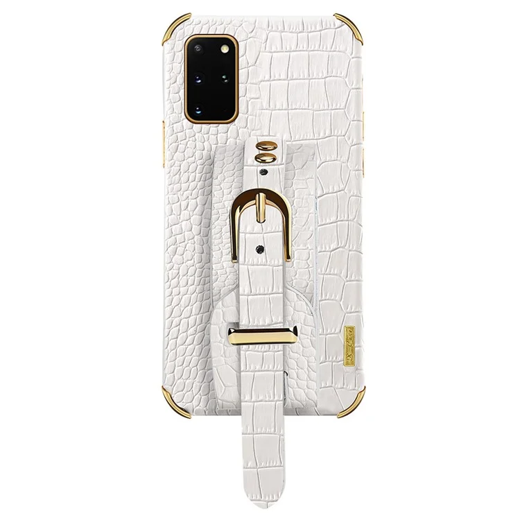 Para Samsung Galaxy S20 Plus 5G / 4G Crocodile Texture Wristband Case 6D Electroplating PU Leather + TPU Phone Cover - Branco