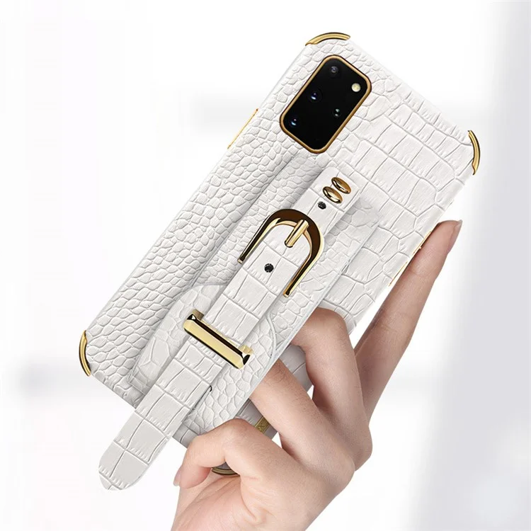 Para Samsung Galaxy S20 Plus 5G / 4G Crocodile Texture Wristband Case 6D Electroplating PU Leather + TPU Phone Cover - Branco