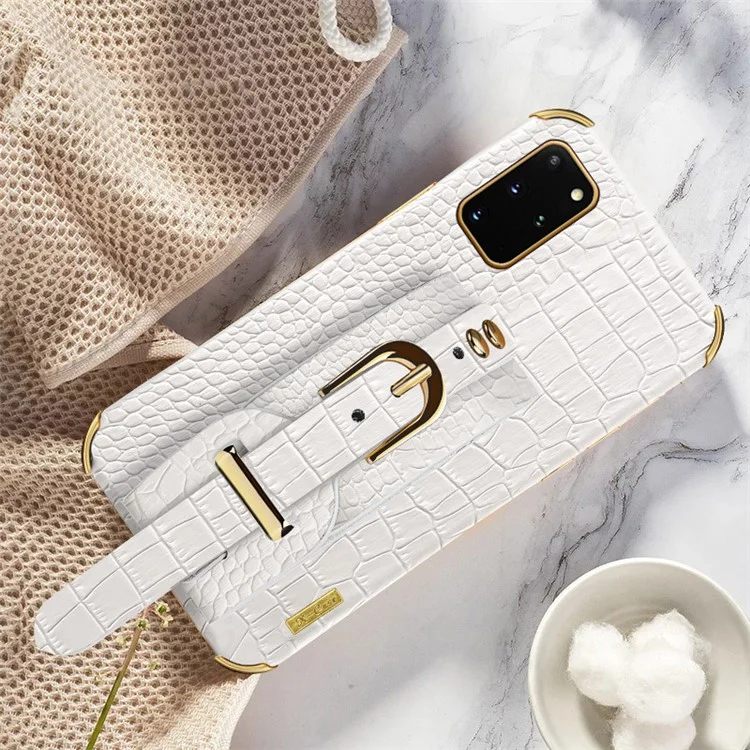Para Samsung Galaxy S20 Plus 5G / 4G Crocodile Texture Wristband Case 6D Electroplating PU Leather + TPU Phone Cover - Branco
