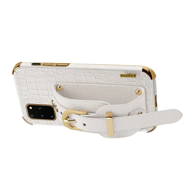 Para Samsung Galaxy S20 Plus 5G / 4G Crocodile Texture Wristband Case 6D Electroplating PU Leather + TPU Phone Cover - Branco