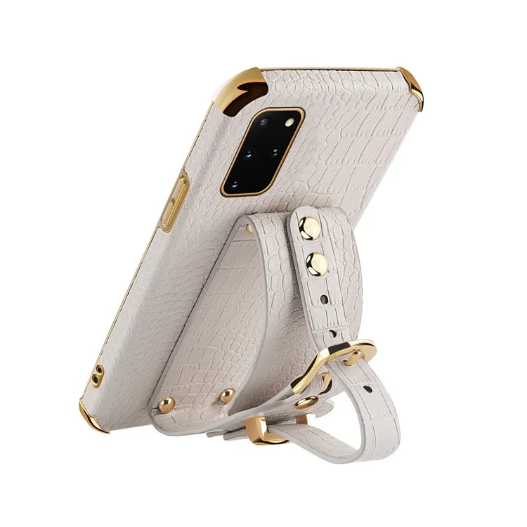 Para Samsung Galaxy S20 Plus 5G / 4G Crocodile Texture Wristband Case 6D Electroplating PU Leather + TPU Phone Cover - Branco