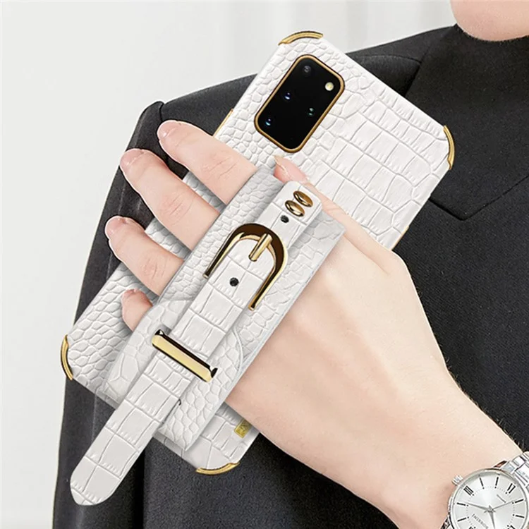 Para Samsung Galaxy S20 Plus 5G / 4G Crocodile Texture Wristband Case 6D Electroplating PU Leather + TPU Phone Cover - Branco