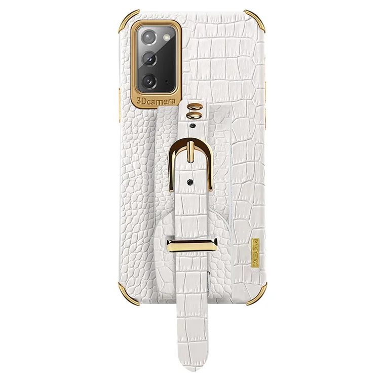 Pour Samsung Galaxy Note20 5G / Note20 Crocodile Texture Wristband Phone Case 6D Electroplating Leather Coated TPU Cover - Blanc