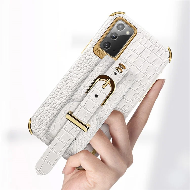 Pour Samsung Galaxy Note20 5G / Note20 Crocodile Texture Wristband Phone Case 6D Electroplating Leather Coated TPU Cover - Blanc