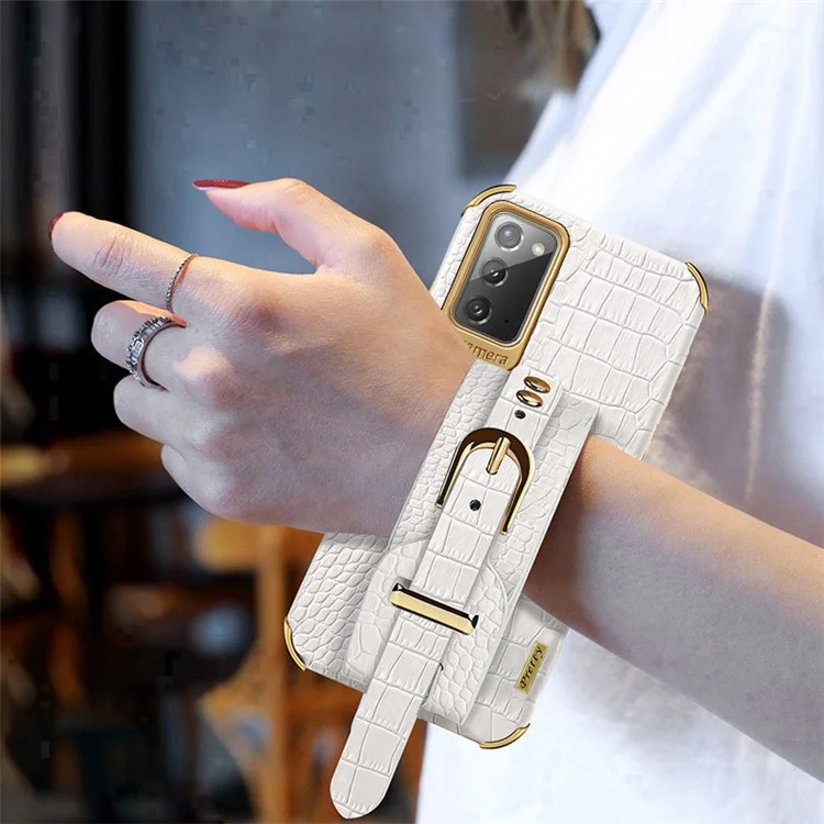 Pour Samsung Galaxy Note20 5G / Note20 Crocodile Texture Wristband Phone Case 6D Electroplating Leather Coated TPU Cover - Blanc