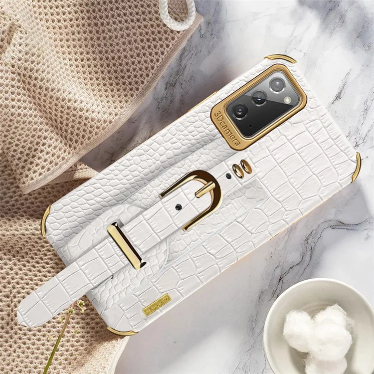 Pour Samsung Galaxy Note20 5G / Note20 Crocodile Texture Wristband Phone Case 6D Electroplating Leather Coated TPU Cover - Blanc