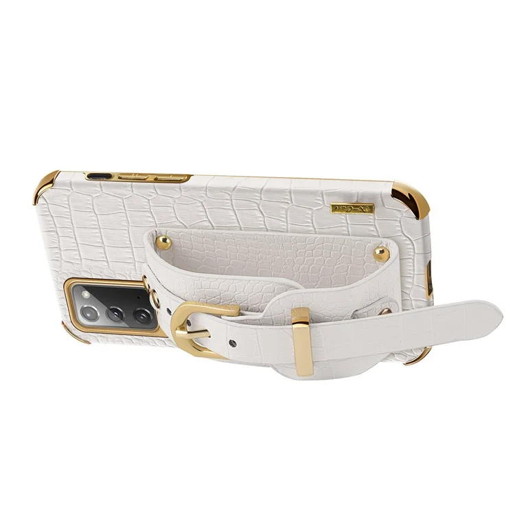 Pour Samsung Galaxy Note20 5G / Note20 Crocodile Texture Wristband Phone Case 6D Electroplating Leather Coated TPU Cover - Blanc