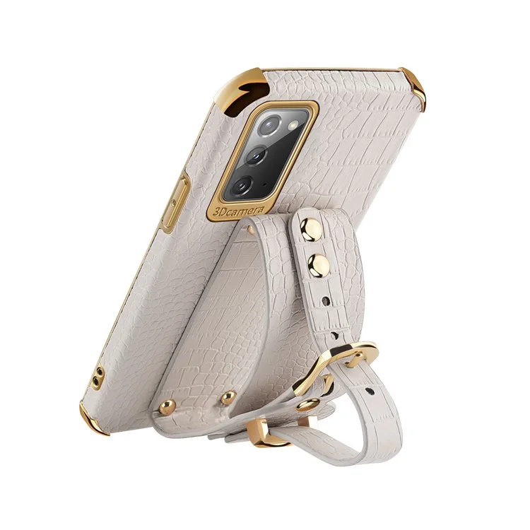 Pour Samsung Galaxy Note20 5G / Note20 Crocodile Texture Wristband Phone Case 6D Electroplating Leather Coated TPU Cover - Blanc