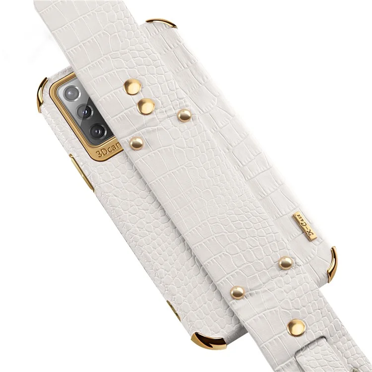 Pour Samsung Galaxy Note20 5G / Note20 Crocodile Texture Wristband Phone Case 6D Electroplating Leather Coated TPU Cover - Blanc