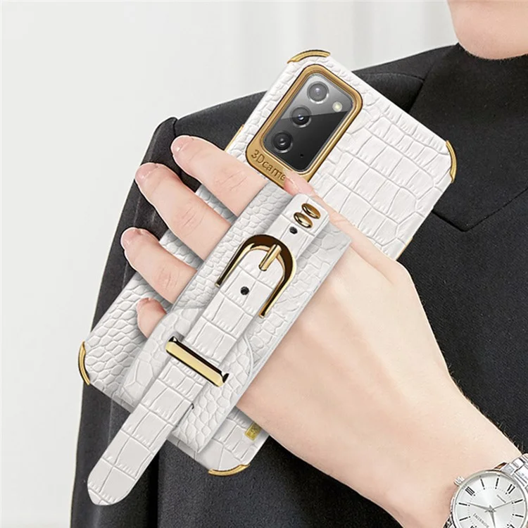 Pour Samsung Galaxy Note20 5G / Note20 Crocodile Texture Wristband Phone Case 6D Electroplating Leather Coated TPU Cover - Blanc