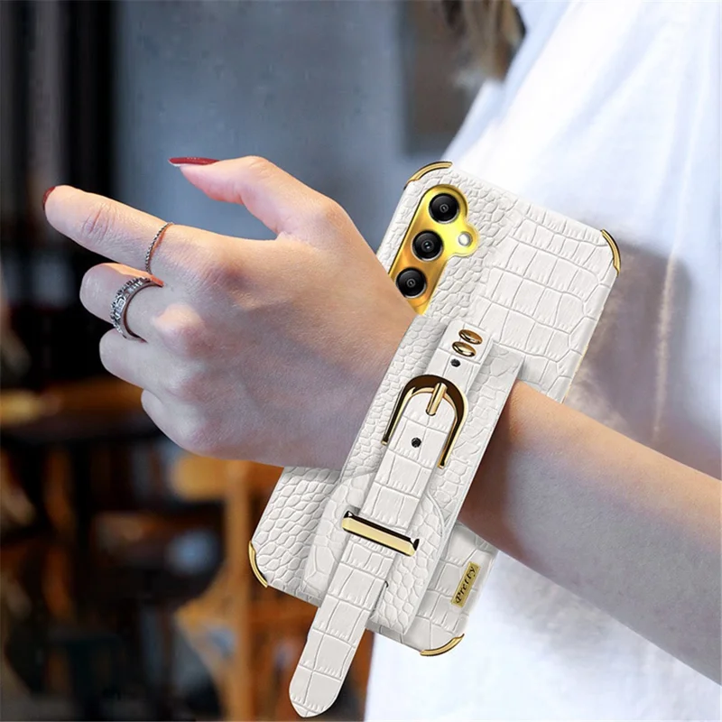 Para Samsung Galaxy A24 4G (162,1 x 77,6 x 8,3 mm) Bracelete Capa de Telefone Textura de Crocodilo Revestimento em Eletroforese de Couro PU + Caso Protetor de TPU - Branco