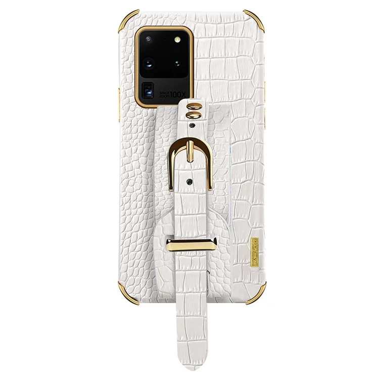 Pour Samsung Galaxy S20 Ultra Crocodile Texture Leather Coated TPU Phone Case 6D Electroplating Anti-drop Cover with Wristband - White