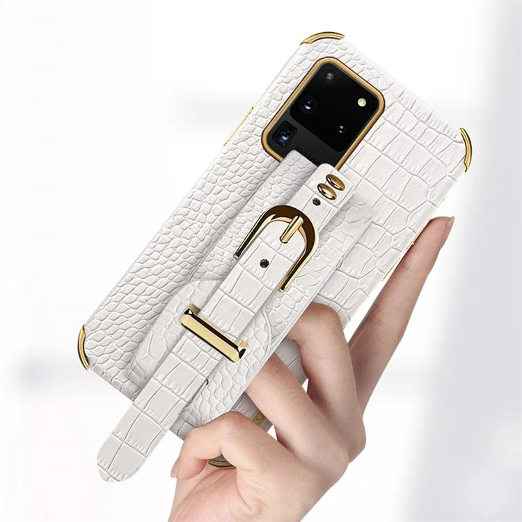 Pour Samsung Galaxy S20 Ultra Crocodile Texture Leather Coated TPU Phone Case 6D Electroplating Anti-drop Cover with Wristband - White