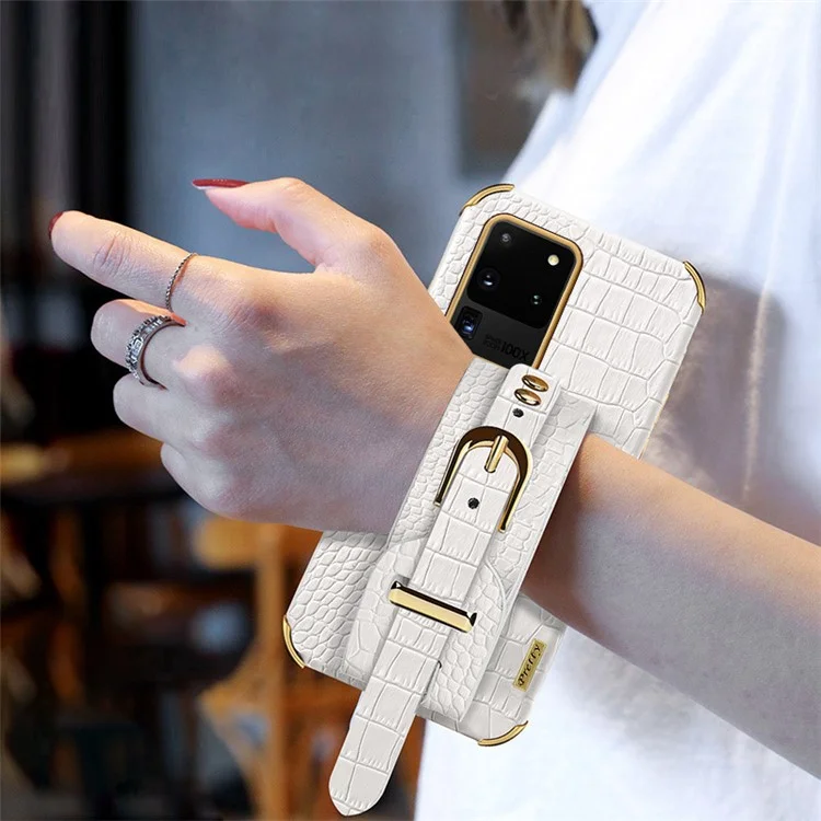 Pour Samsung Galaxy S20 Ultra Crocodile Texture Leather Coated TPU Phone Case 6D Electroplating Anti-drop Cover with Wristband - White