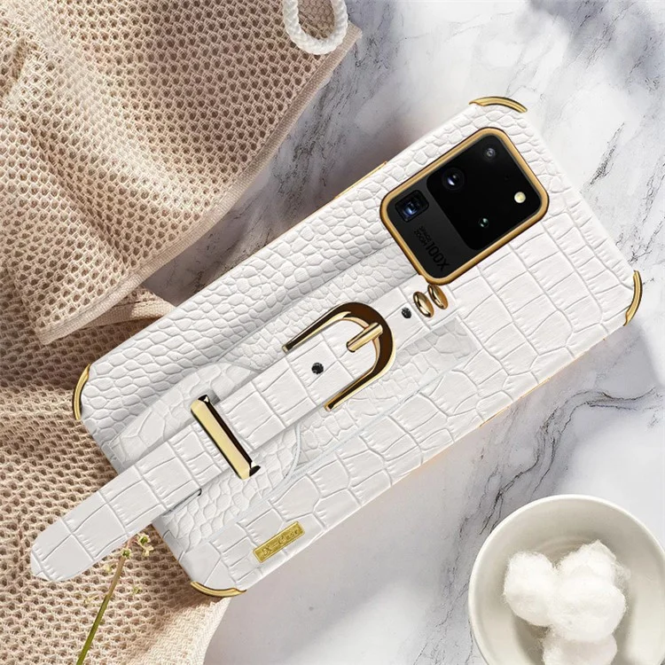 Pour Samsung Galaxy S20 Ultra Crocodile Texture Leather Coated TPU Phone Case 6D Electroplating Anti-drop Cover with Wristband - White