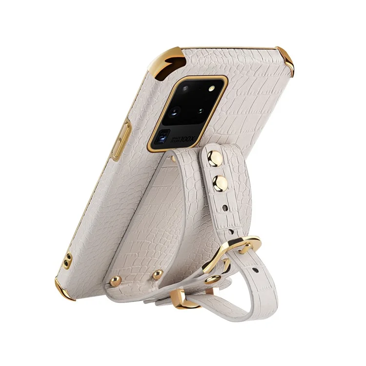 Pour Samsung Galaxy S20 Ultra Crocodile Texture Leather Coated TPU Phone Case 6D Electroplating Anti-drop Cover with Wristband - White