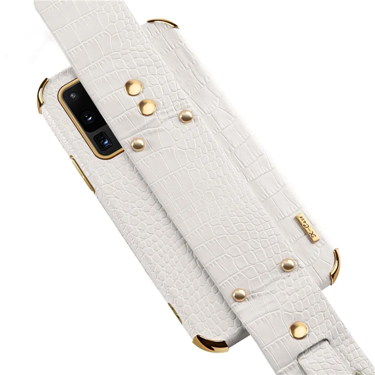 Pour Samsung Galaxy S20 Ultra Crocodile Texture Leather Coated TPU Phone Case 6D Electroplating Anti-drop Cover with Wristband - White