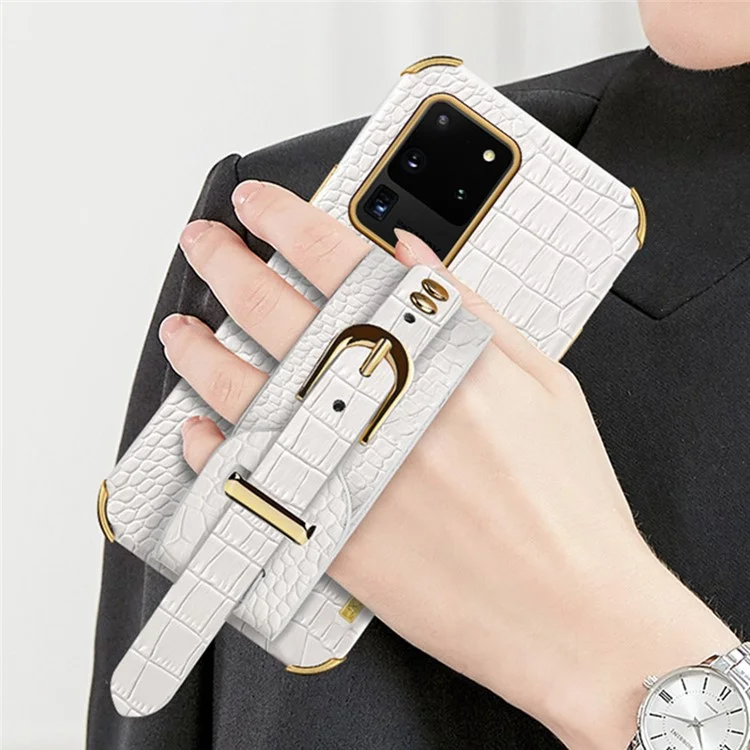 Pour Samsung Galaxy S20 Ultra Crocodile Texture Leather Coated TPU Phone Case 6D Electroplating Anti-drop Cover with Wristband - White