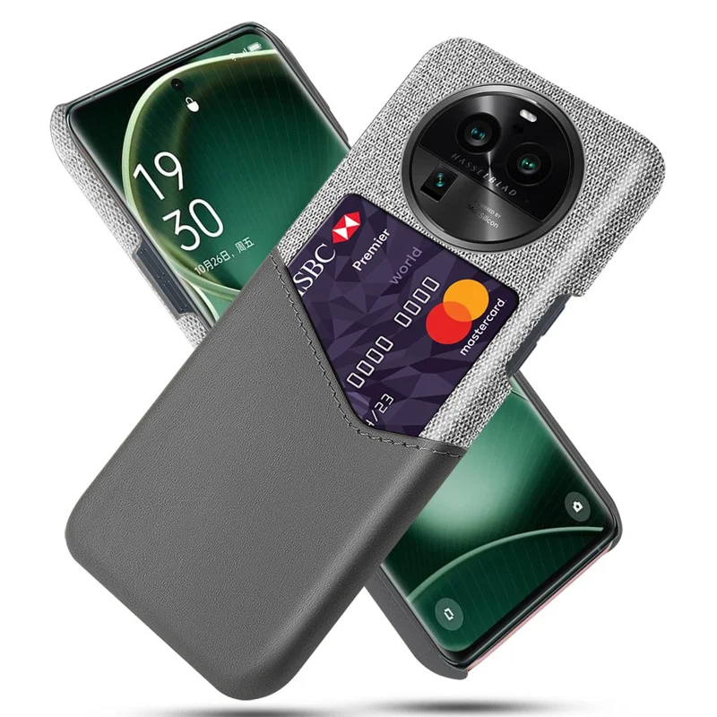 For Oppo Find X6 Pro Card Holder Phone Case Leather Coated PC Cloth Texture Phone Cover - Grey