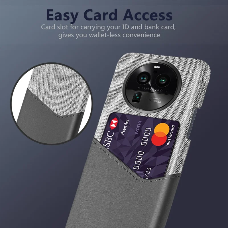 For Oppo Find X6 Pro Card Holder Phone Case Leather Coated PC Cloth Texture Phone Cover - Grey