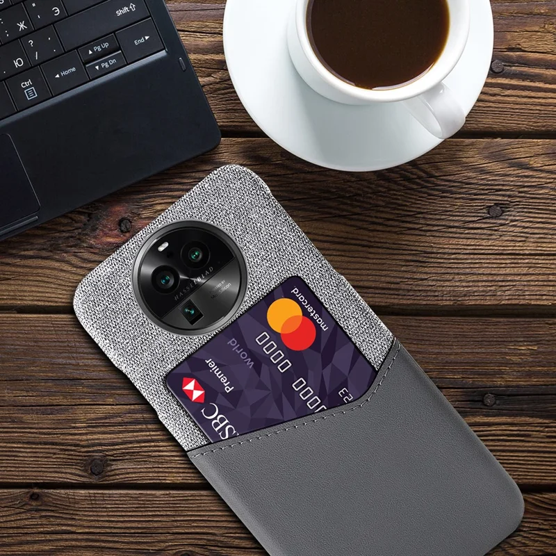 For Oppo Find X6 Pro Card Holder Phone Case Leather Coated PC Cloth Texture Phone Cover - Grey