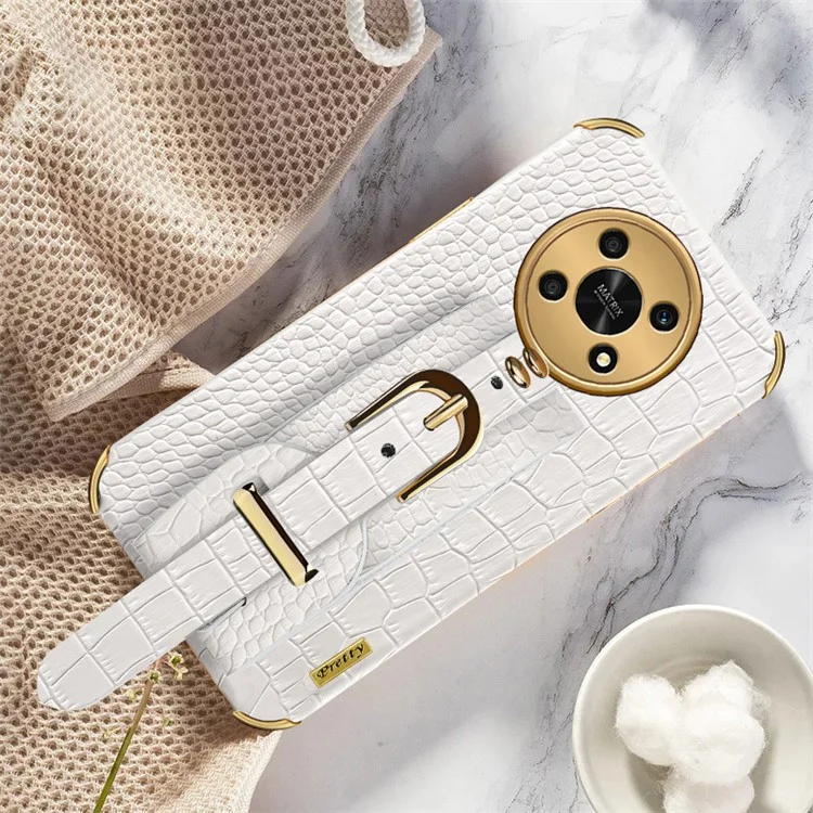 For Honor X30 5G Crocodile Texture Phone Cover 6D Electroplated Leather Coated TPU Anti-drop Case with Hand Strap - White