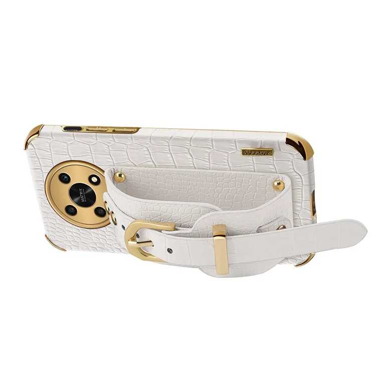 For Honor X30 5G Crocodile Texture Phone Cover 6D Electroplated Leather Coated TPU Anti-drop Case with Hand Strap - White