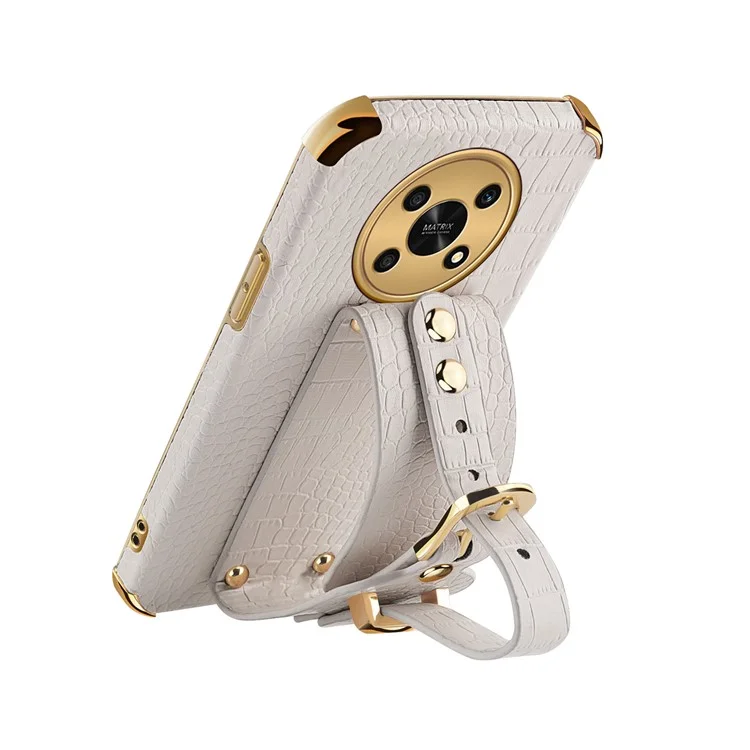 For Honor X30 5G Crocodile Texture Phone Cover 6D Electroplated Leather Coated TPU Anti-drop Case with Hand Strap - White