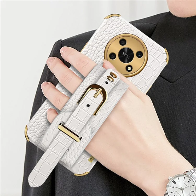 For Honor X30 5G Crocodile Texture Phone Cover 6D Electroplated Leather Coated TPU Anti-drop Case with Hand Strap - White