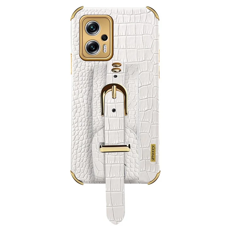 Para Xiaomi Redmi Note 11T Pro 5G / Note 11T Pro+ 5G / Poco X4 GT 5G / Redmi K50i 5G Funda de TPU con recubrimiento de piel sintética con textura de cocodrilo y con correa para la muñeca - Blanco