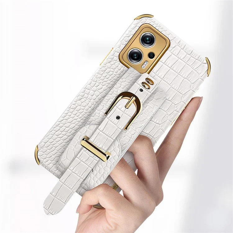 Para Xiaomi Redmi Note 11T Pro 5G / Note 11T Pro+ 5G / Poco X4 GT 5G / Redmi K50i 5G Funda de TPU con recubrimiento de piel sintética con textura de cocodrilo y con correa para la muñeca - Blanco