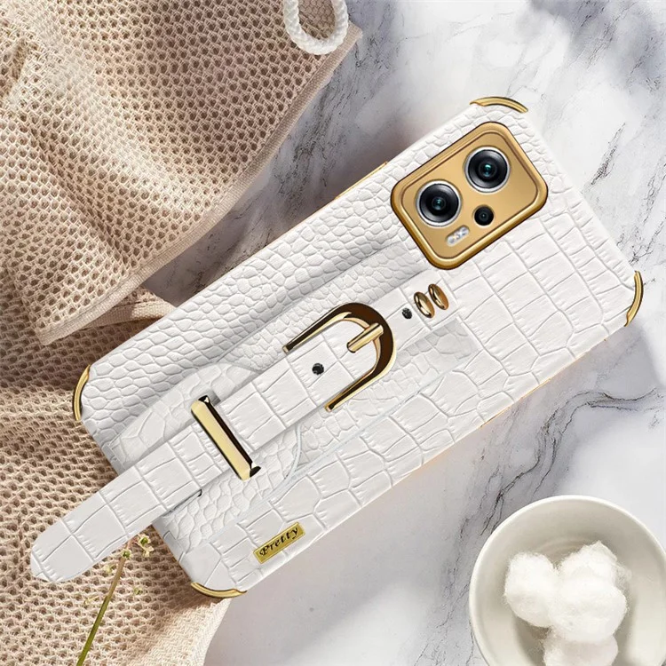 Para Xiaomi Redmi Note 11T Pro 5G / Note 11T Pro+ 5G / Poco X4 GT 5G / Redmi K50i 5G Funda de TPU con recubrimiento de piel sintética con textura de cocodrilo y con correa para la muñeca - Blanco