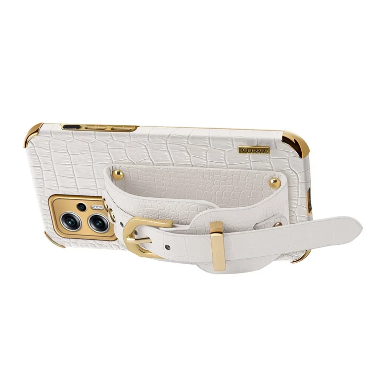 Para Xiaomi Redmi Note 11T Pro 5G / Note 11T Pro+ 5G / Poco X4 GT 5G / Redmi K50i 5G Funda de TPU con recubrimiento de piel sintética con textura de cocodrilo y con correa para la muñeca - Blanco